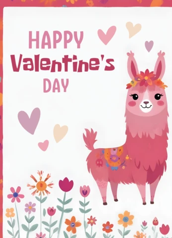 Adorable llama plantilla de tarjeta de felicitación de San Valentín con elementos florales