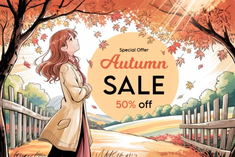 Plantilla de diseño de venta de otoño con paisaje escénico e ilustración de personajes para volantes promocionales