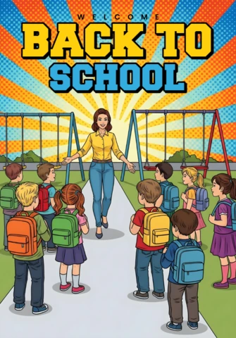Back to School Teacher Welcoming Students with Backpacks in Playground Setting Poster Design Template