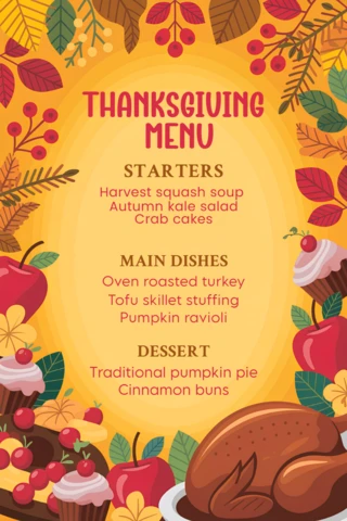 Thanksgiving Menu Design Template with Autumn Leaves and Festive Dishes for Flyers