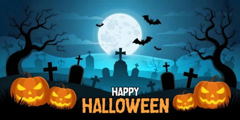 Halloween-Friedhof leuchtende Kürbisse, fliegende Fledermäuse & Vollmond Szene YouTube-Cover-Design-Vorlage
