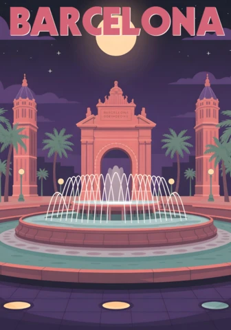 Arc De Triomf At Night with Illuminated Fountain and Palm Trees Barcelona Travel Posters Design Template