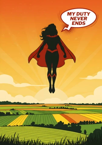 Mon devoir ne finit jamais super-héros volant au-dessus des champs au coucher du soleil modèle de design d'affiche