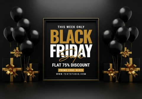 Affiche de vente de luxe promotion Black Friday avec une remise de 75 % et une offre encadrée sur un fond sombre, modèle de design pour promotion.