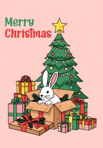 Christmas Greeting Card Design Rabbit in Gift Box with Snowflakes, Presents, and Decorated Tree Template