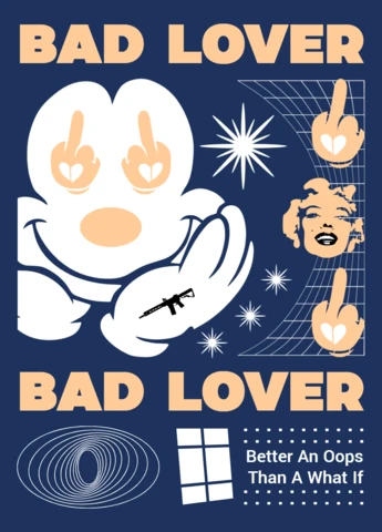 Template grafico audace per abbigliamento di Mickey dallo stile edgy, con illustrazioni e testi giocosi.