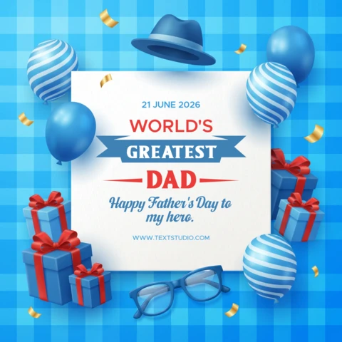 Father’s Day 2026 Greeting Card Featuring Blue Checkered Background Balloons Gift Boxes Hat Glasses Gold Confetti and World’s Greatest Dad Message