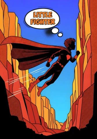 Little Fighter Comic-Style Superhero Flying Through Canyon Scene Poster Design Template