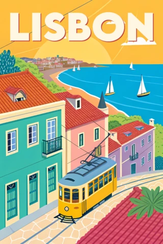 Kleurrijk retro plat Lissabon ontwerp voor souvenirs en merchandise printbare sjabloon