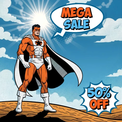 Mega venda estilo quadrinhos herói em terno branco com design de céu em explosão solar para modelos de panfletos promocionais