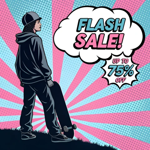 Template de design para pôsteres promocionais de venda relâmpago de skatista pop art