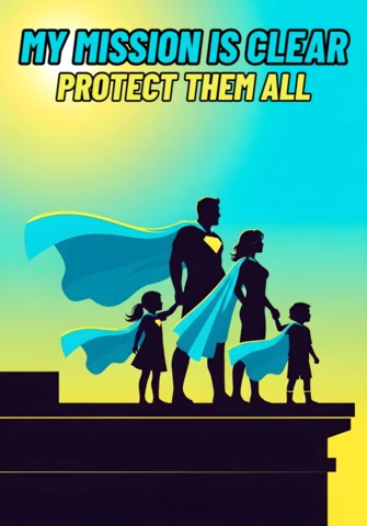 Protect Them All Superhero Family Silhouette with Heart Symbol and Vibrant Background Poster Design Template