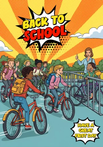 Volta às aulas, estudantes andando de bicicleta em direção à entrada da escola com design de pôster de fundo de explosão de quadrinhos.
