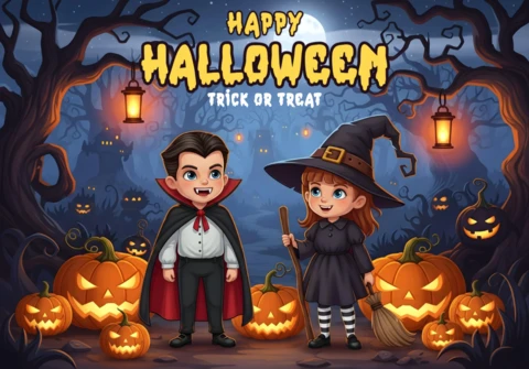 Spooky Halloween Cartoon Children in Costumes with Lanterns, Trees & Glowing Pumpkins Design Template for Festive Flyers