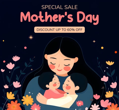 Mother's Day Sale Template - Cute Floral Design with Family Illustration