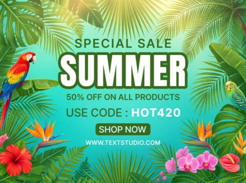 Summer Sale Marketing Banner with Tropical Parrot and Exotic Floral Decorations