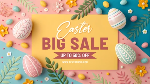 Modello di vendita per Pasqua con elementi floreali e uova colorate