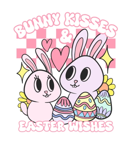 Baci di coniglio e auguri di Pasqua, carini coniglietti dei cartoni animati con uova e cuori, modello di design per maglietta