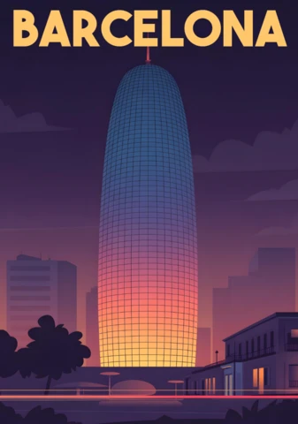 Torre Glòries At Night with Illuminated Gradient and City Silhouettes Barcelona Travel Posters Design Template