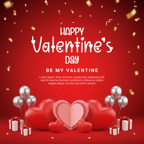 Carte de vœux de la Saint-Valentin avec un fond rouge festif, des confettis, des cœurs et des décorations de cadeaux.
