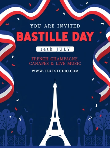 Bastille Day Invitation Card Template with Eiffel Tower, French Tricolor Ribbon and Patriotic Celebration Design