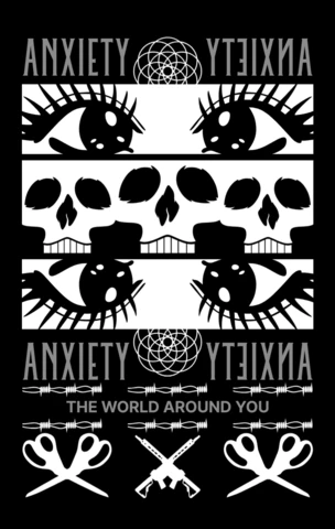 Anxiety-Themed Graphic Design Template for Apparel with Bold Eyes and Skull Elements