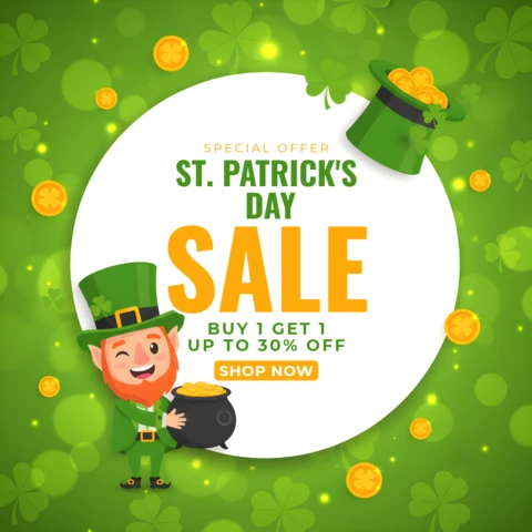 St. Patrick’s Day Sale Flyer Design Template with Shamrocks, Leprechaun Character, and Festive Discount Promotion