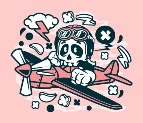 Cráneo piloto personaje de dibujos animados plantilla de diseño de camiseta
