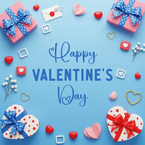 Póster del día de San Valentín con fondo azul, regalos en forma de corazón, flores y saludo romántico.