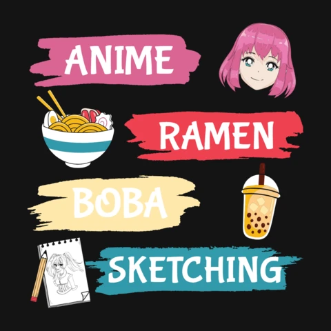 Modèle de conception de t-shirt de ramen boba et d'esquisse d'anime