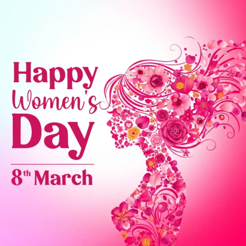 Template de cartaz do dia internacional da mulher com silhueta de mulher feita de flores e fundo gradiente festivo.