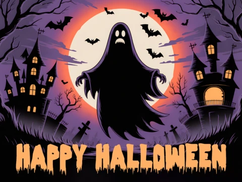 Design del fantasma cartoon spettrale per poster festivi di Halloween