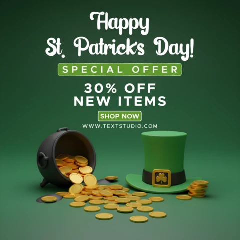 St. Patrick’s Day Sale Flyer Design Template with Shamrocks, Leprechaun Hat, and Festive Discount Message