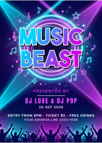 Modelo de flyer para festa de festival de música neon com luzes de palco brilhantes, evento de DJ e ilustração de multidão em concerto