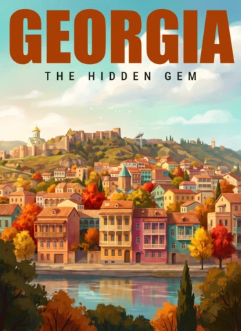 Georgia Retro Vintage Travel Poster The Hidden Gem Scenic Tbilisi City Hillside Colorful Houses River Autumn Landscape Wall Art Print