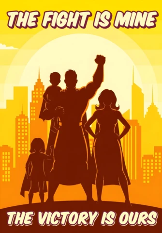 Familienheld silhouettierter Superheldenfamilie mit Stadt-Sonnenuntergang & motivierendem Zitat Poster-Design-Vorlage