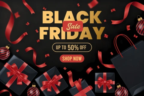 Black Friday Sale Design Template with Gift Boxes and Ribbons for Promotional Flyers