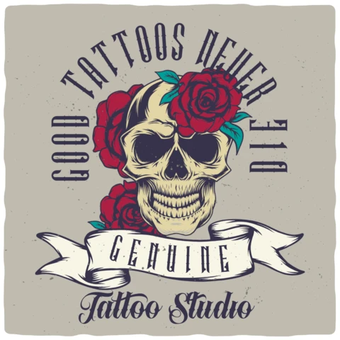 Tatuaggi buoni non muoiono mai modello di disegno di maglietta con teschio