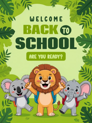 Template de design de animais de volta às aulas para cartão de saudação infantil