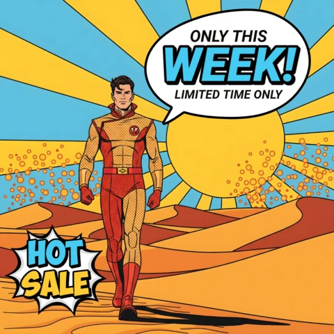 Comic Superhero Sale Poster Desert Scene with Radiant Sun & Limited-Time Promo Design Template for Promotional Flyers