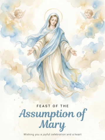 Feast of Assumption Catholic Virgin Mary Halo Radiant Light White Gown Blue Mantle Sacred Illustration