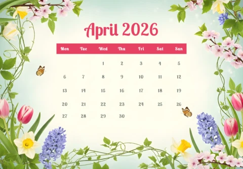 April 2026 Calendar Poster — Tulips, Daffodils, Hyacinths, Cherry Blossoms, Butterflies, and Decorative Floral Border Theme