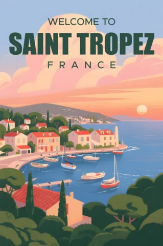 Diseño de plantilla de cartel vintage retro de Saint Tropez, Francia, para arte mural.