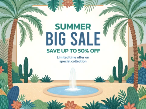 Summer Sale Design Template with Tropical Floral and Cactus Elements