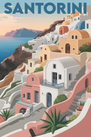 Arquitectura en acantilados con atardecer sobre el mar Egeo plantilla de diseño de carteles de viaje a Santorini.