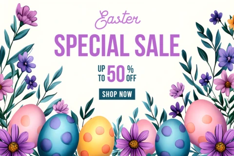 Easter Sale Design Template with Floral Elements and Colorful Eggs