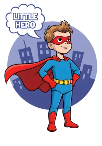 Little Hero Cartoon Superkid in Power Pose with City Silhouette Poster Design Template