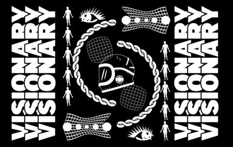 Plantilla de diseño visionario para ropa gráfica que presenta patrones audaces y elementos artísticos.