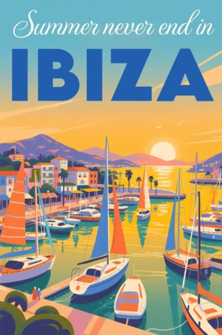Vibrant Ibiza Marina Sunset Design for Travel Posters Template