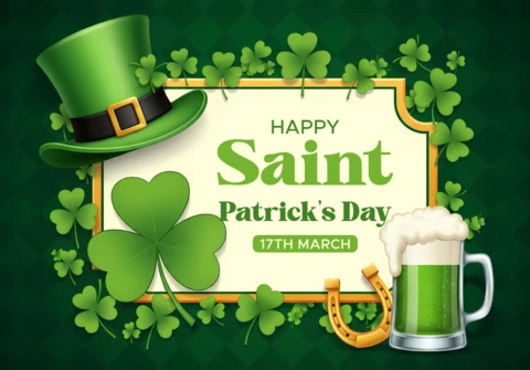 Saint Patrick's Day Celebration Design Template with Shamrocks and Beer for Festive Greeting Cards